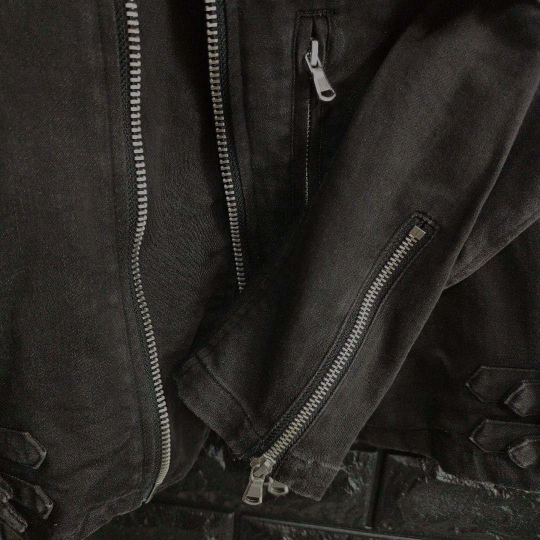 ノーアイディー　黒　ダブルライダースジャケット USED加工　デニム風仕上げ