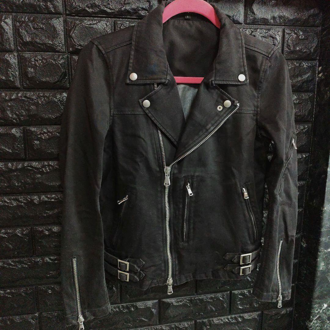 ノーアイディー　黒　ダブルライダースジャケット USED加工　デニム風仕上げ