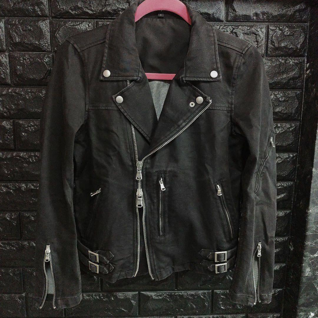 ノーアイディー　黒　ダブルライダースジャケット USED加工　デニム風仕上げ