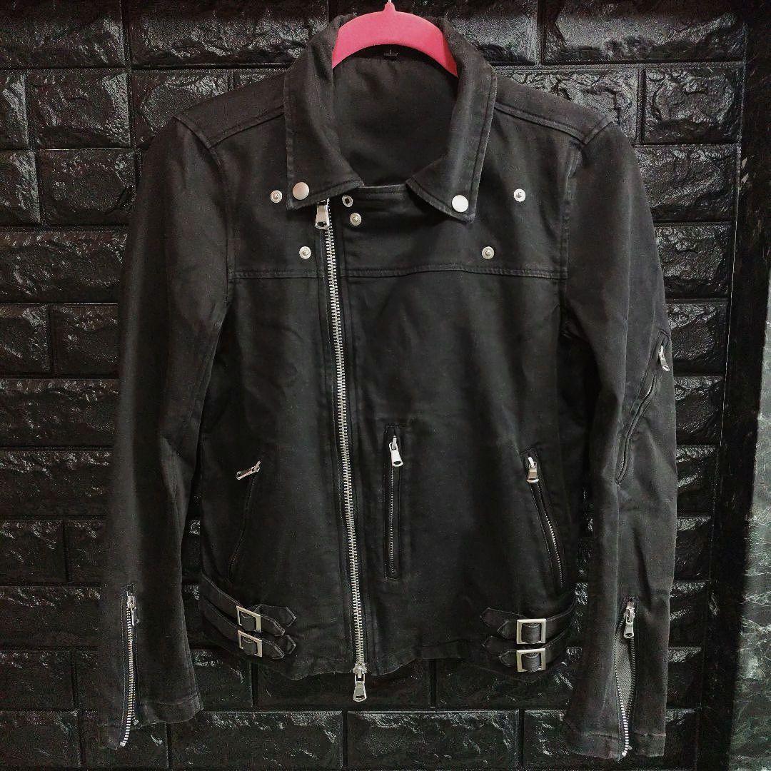 ノーアイディー　黒　ダブルライダースジャケット USED加工　デニム風仕上げ