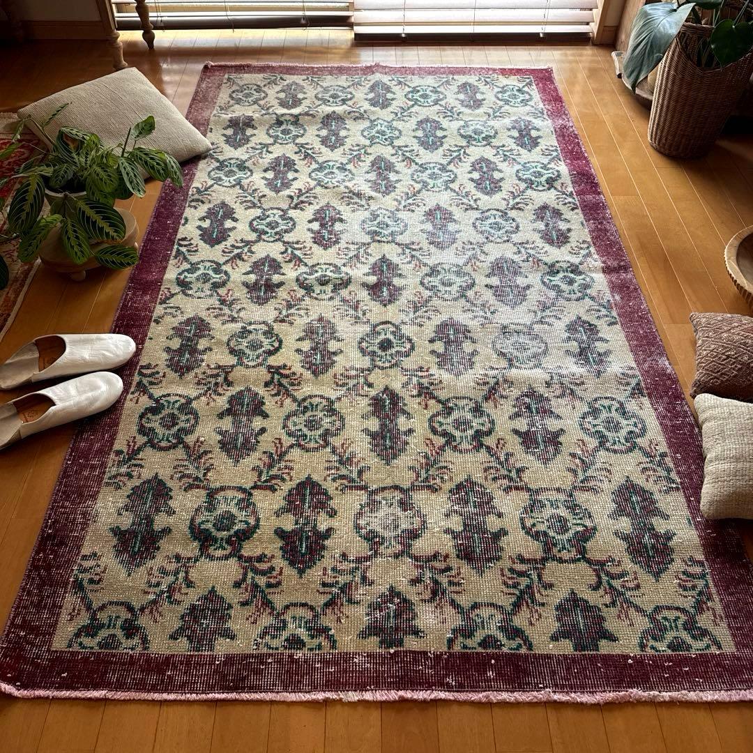 113×198レアえんじ色×グリーン 紋章ボタニカル　トルコヴィンテージラグ