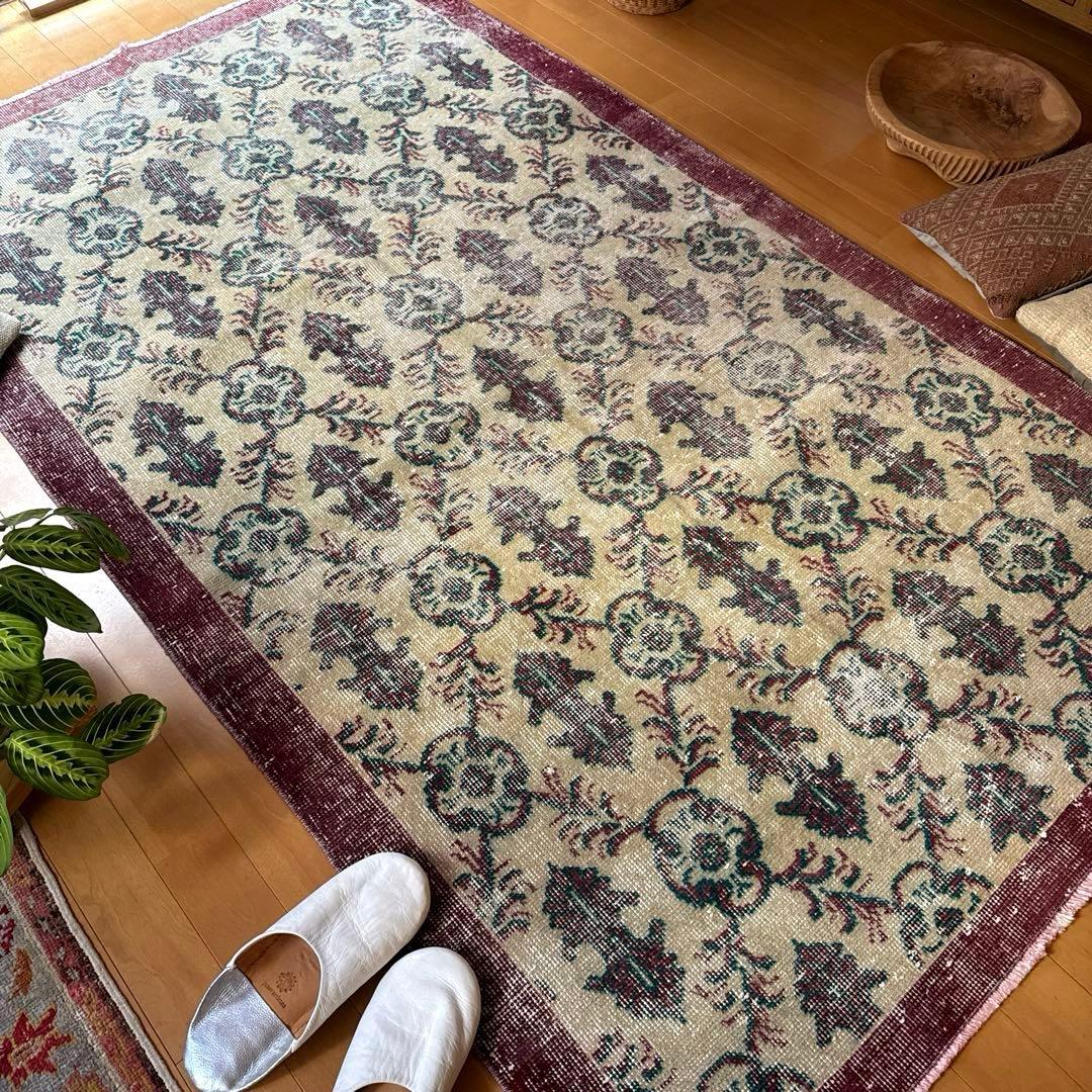 113×198レアえんじ色×グリーン 紋章ボタニカル　トルコヴィンテージラグ