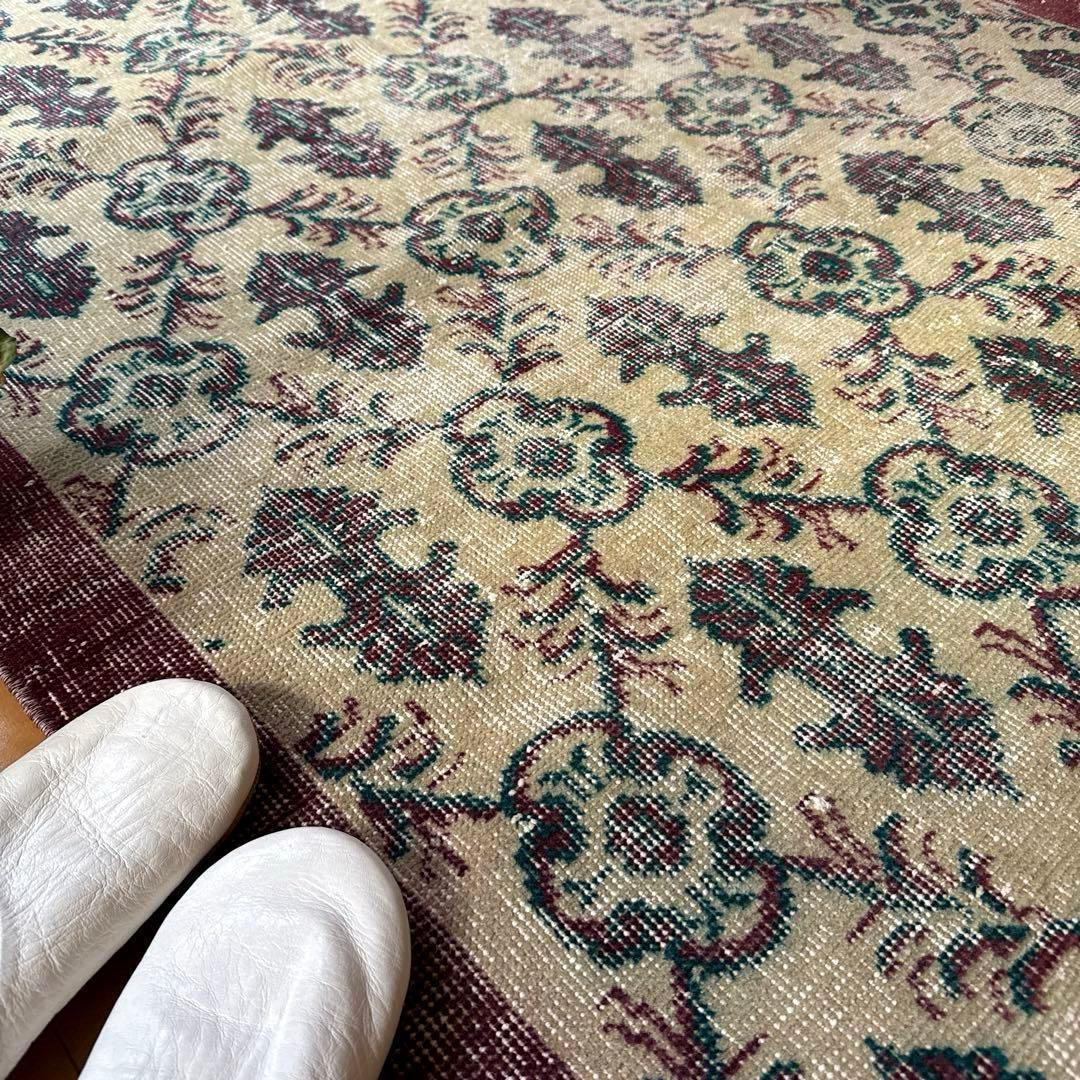 113×198レアえんじ色×グリーン 紋章ボタニカル　トルコヴィンテージラグ