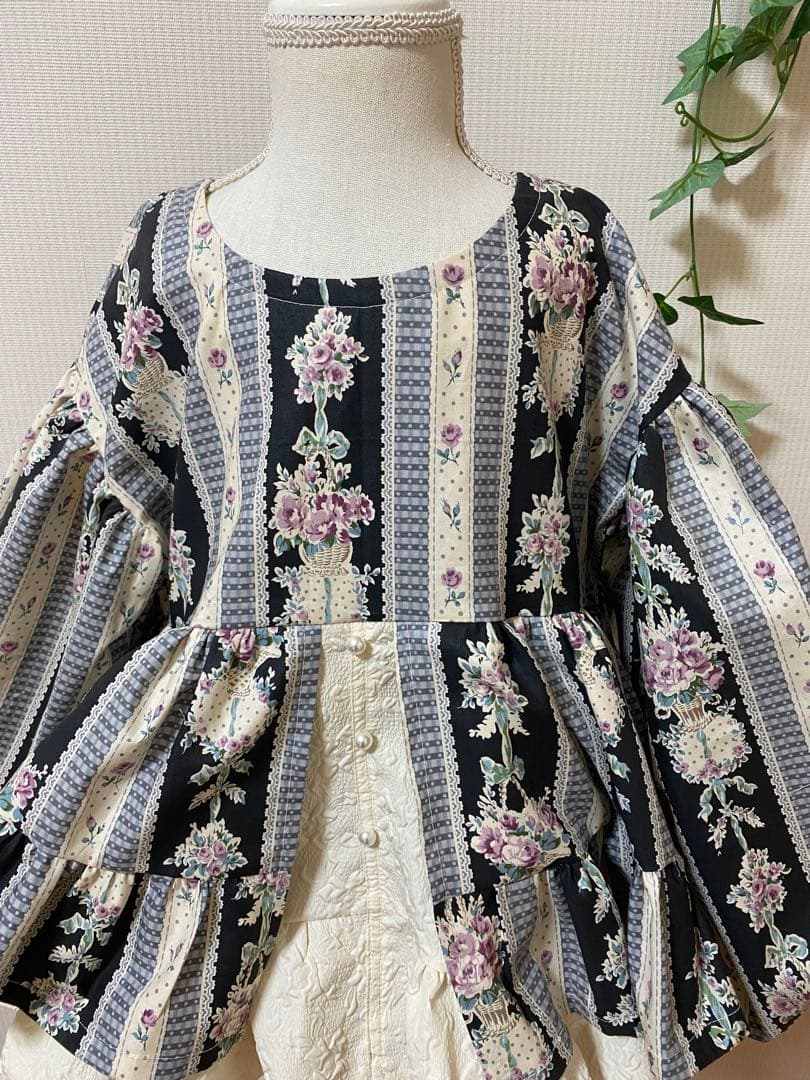 ハンドメイドウエストギャザーワンピースふっくら袖ワンピースチュニック丈130cm