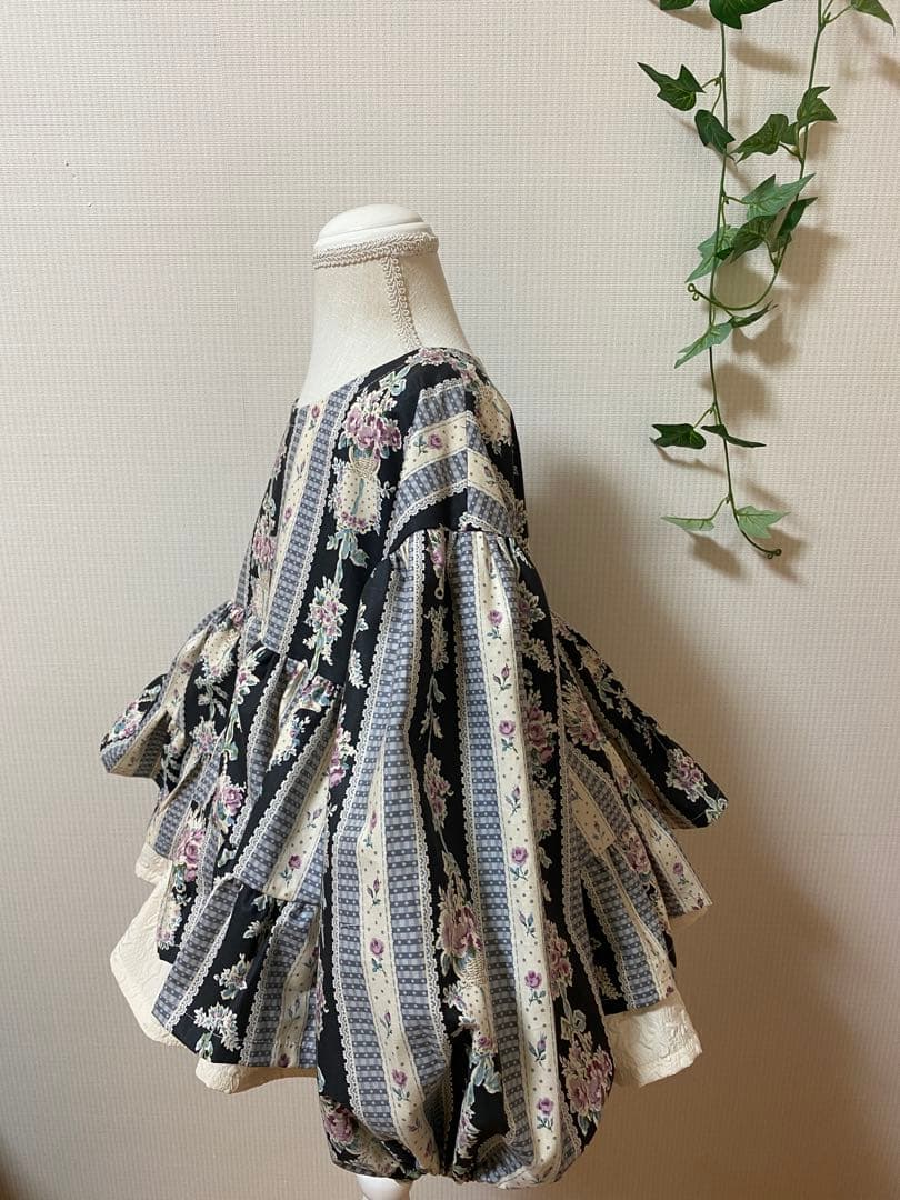 ハンドメイドウエストギャザーワンピースふっくら袖ワンピースチュニック丈130cm