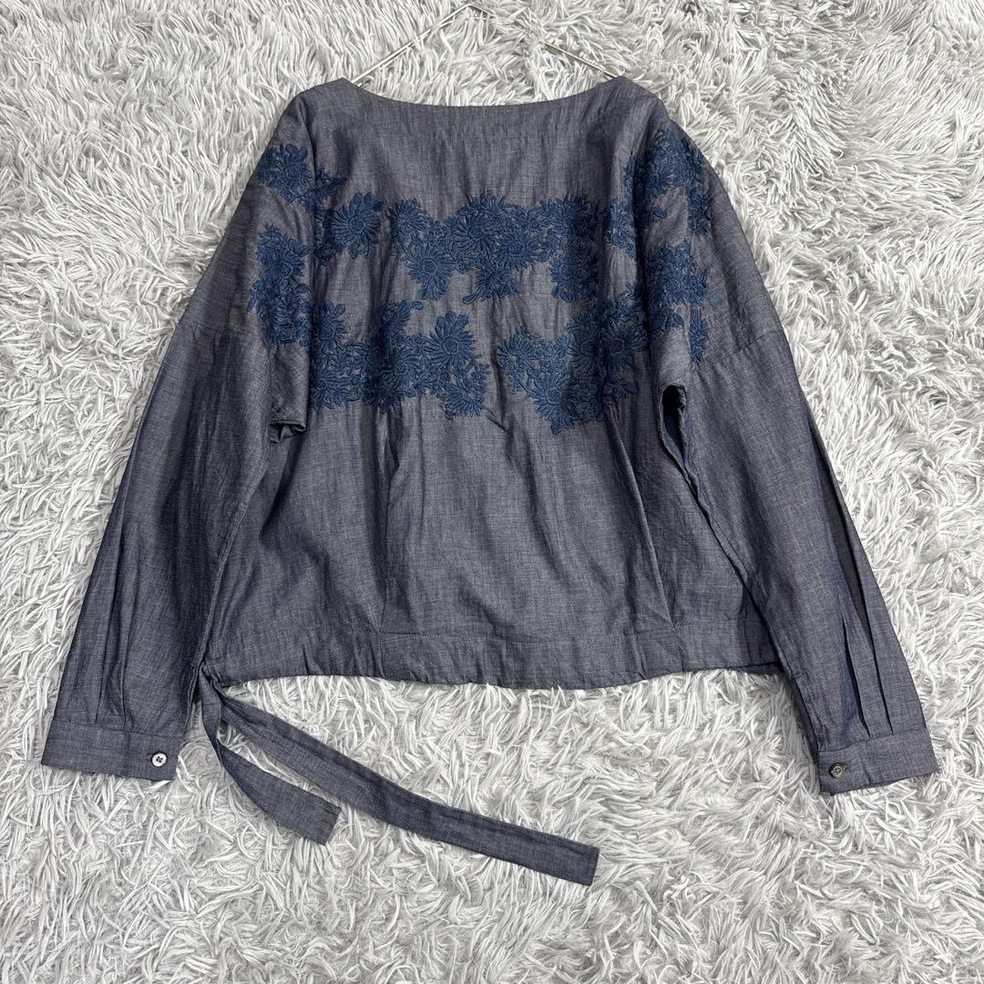 美品✨45R コットンフラワー刺繍リボンブラウス インディゴ ゆったり ドルマン