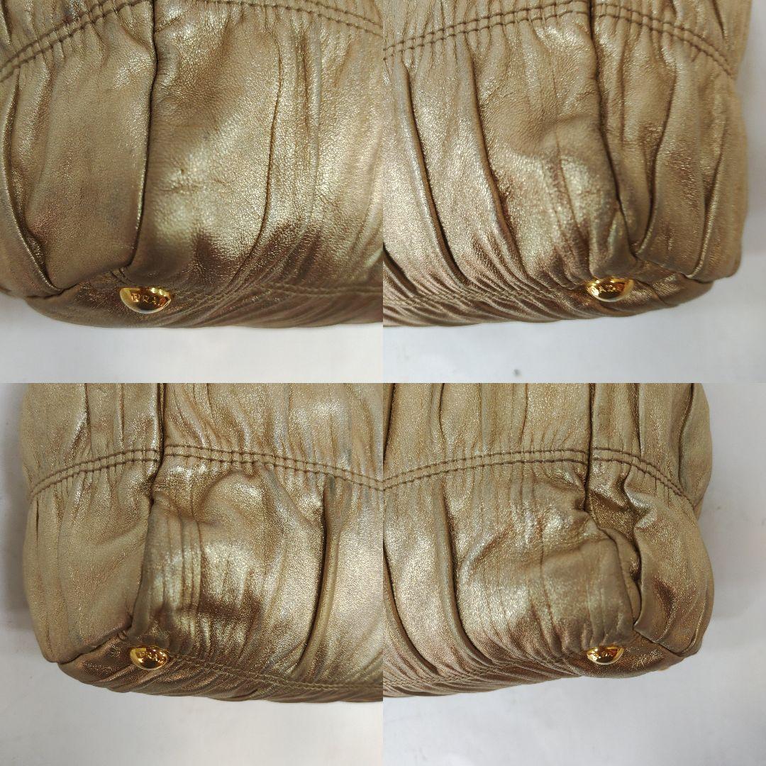 【美品】プラダ ハンドバッグ がま口 ギャザー レザー ギャラ付 ゴールド