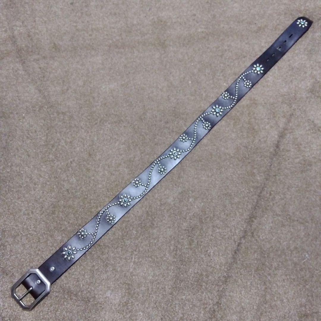 36inch ターコイズ フラワー HTC 革製 スタッズベルト ダークブラウン