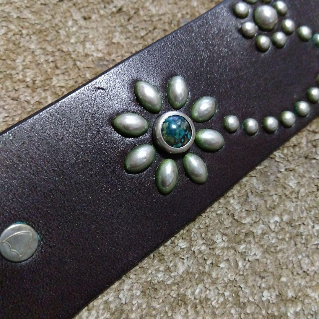 36inch ターコイズ フラワー HTC 革製 スタッズベルト ダークブラウン