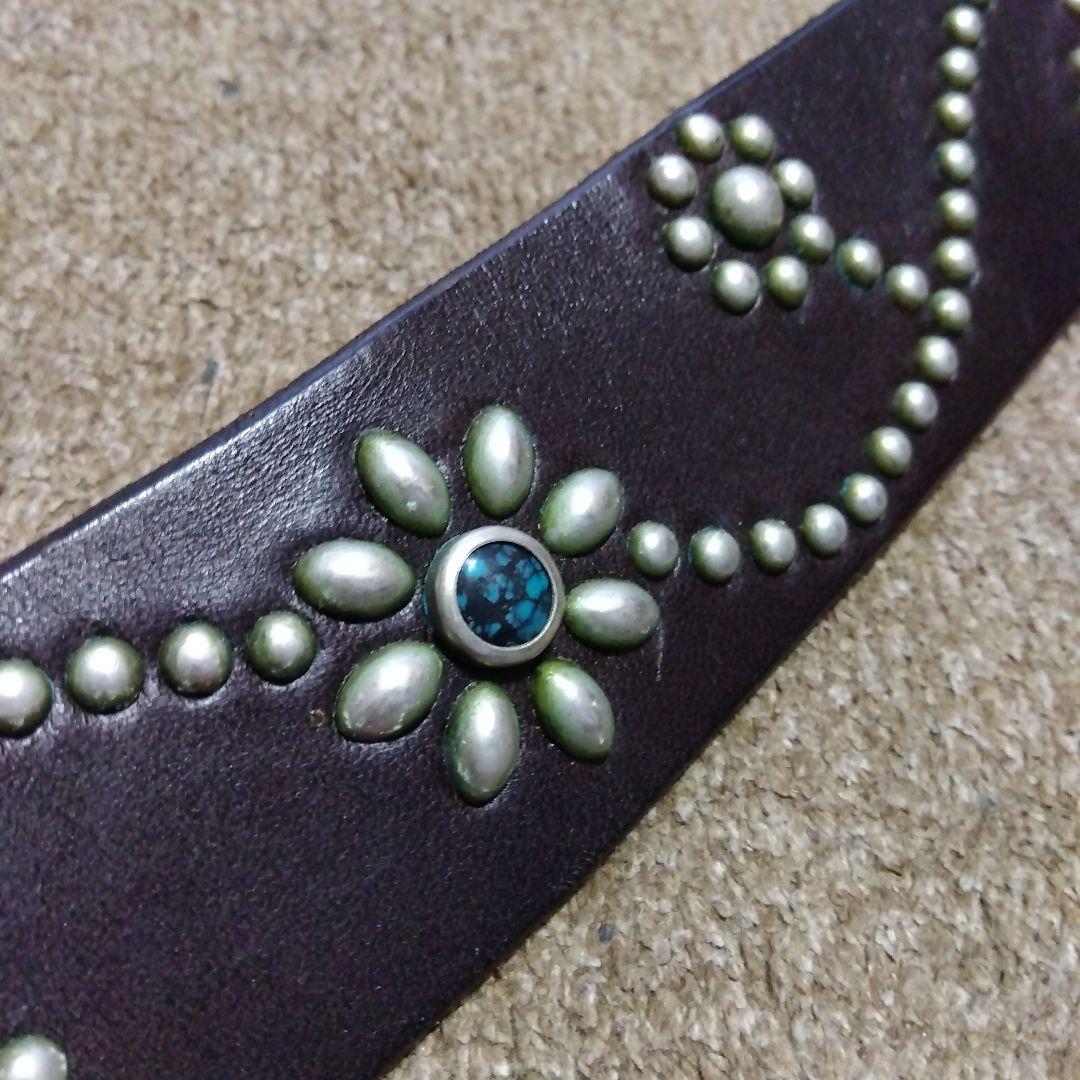 36inch ターコイズ フラワー HTC 革製 スタッズベルト ダークブラウン