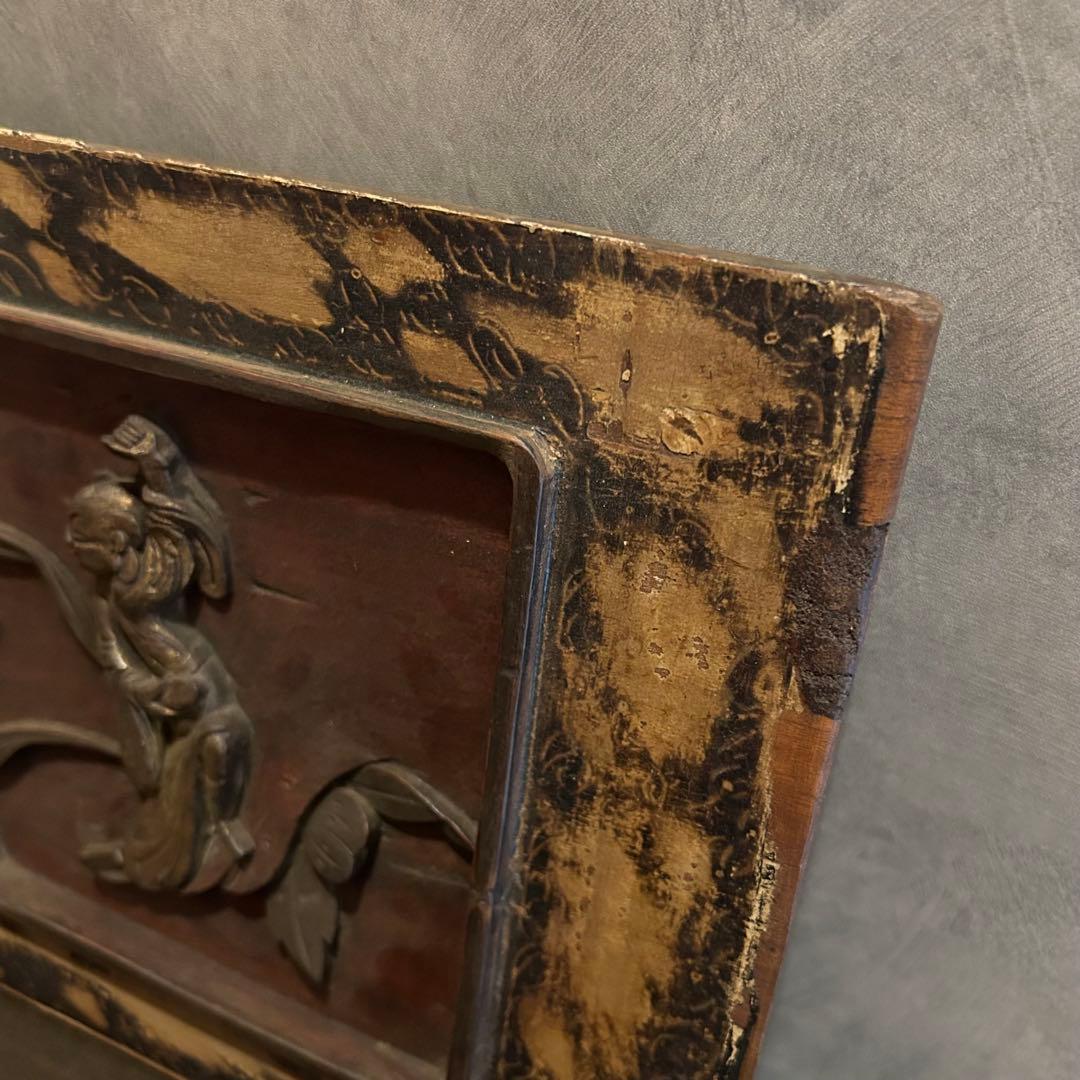 古い　中国　木彫り　蓮　壁掛け　骨董　アンティーク