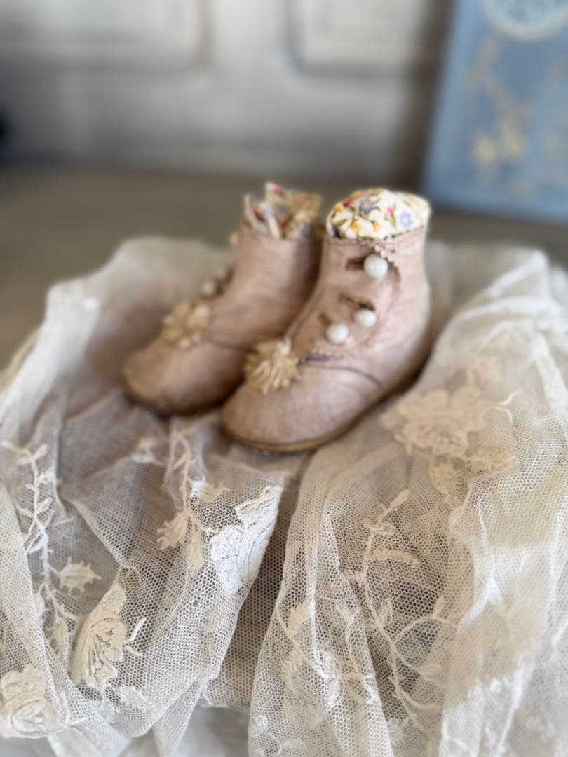 フランスアンティーク激レア淡いピンクレザーベビーブーツ