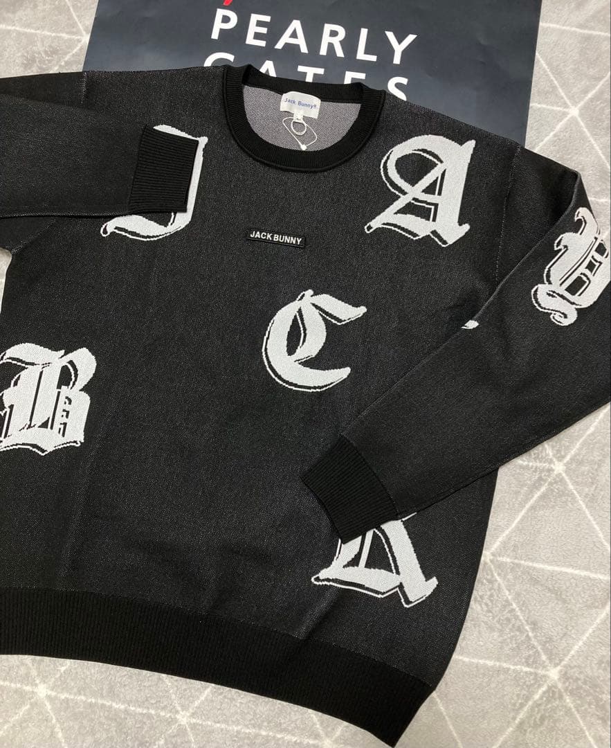 新品 パーリーゲイツ ジャックバニー ゴシックロゴWジャガードニット(6)LL黒