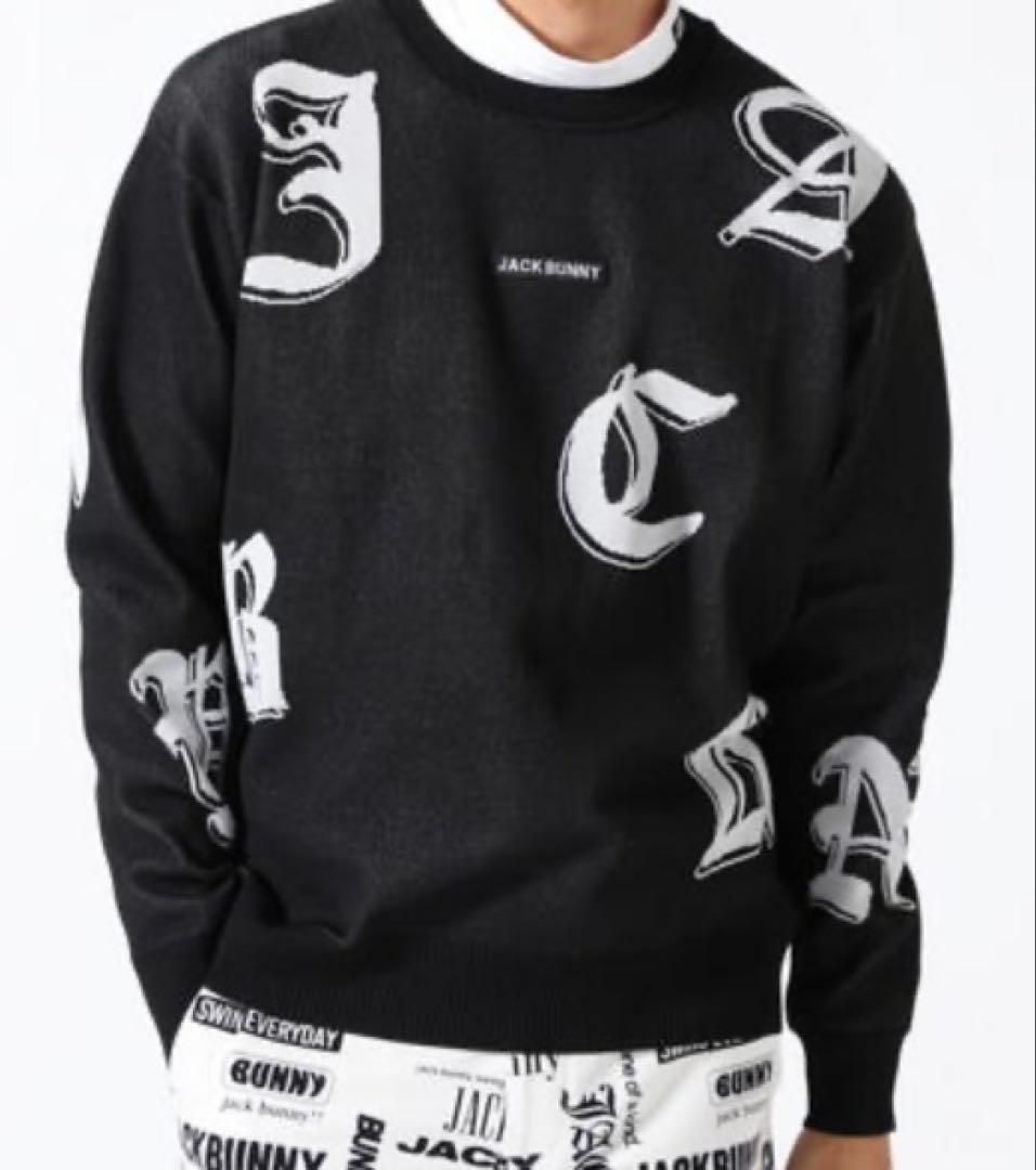 新品 パーリーゲイツ ジャックバニー ゴシックロゴWジャガードニット(6)LL黒