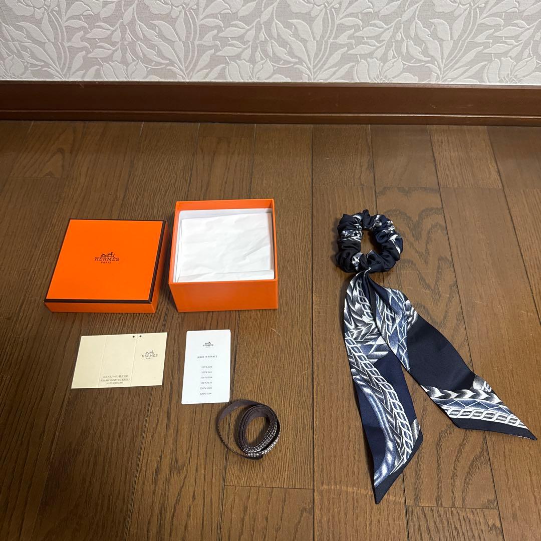 HERMES ネイビー シルク ヘアアクセサリー