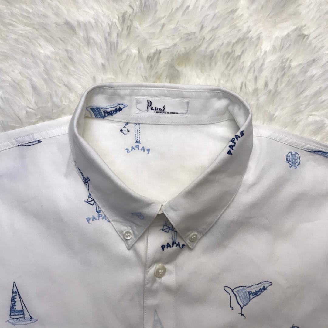Papas ボタンダウンシャツ マリンモチーフ 刺繍 日本製 ホワイト M