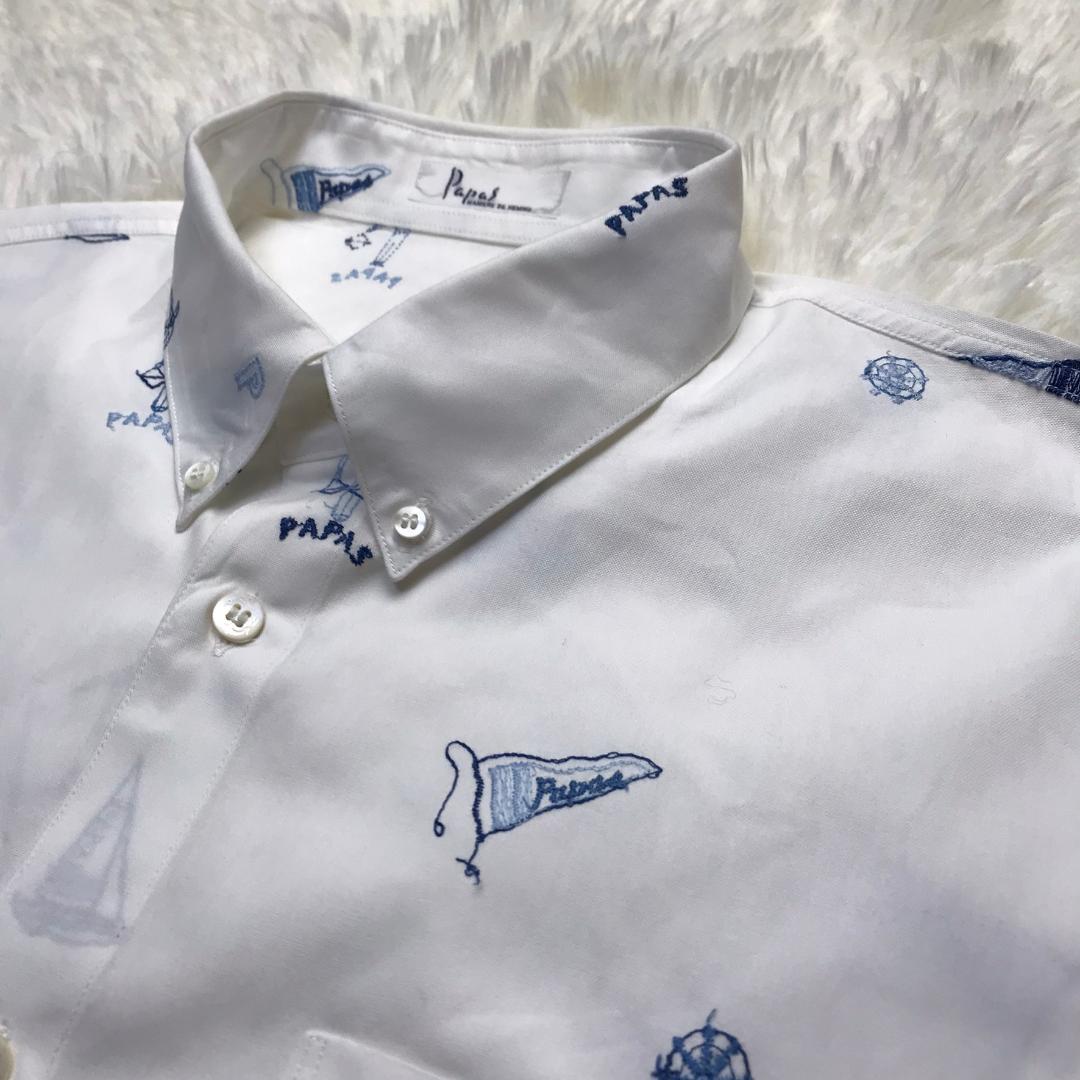 Papas ボタンダウンシャツ マリンモチーフ 刺繍 日本製 ホワイト M