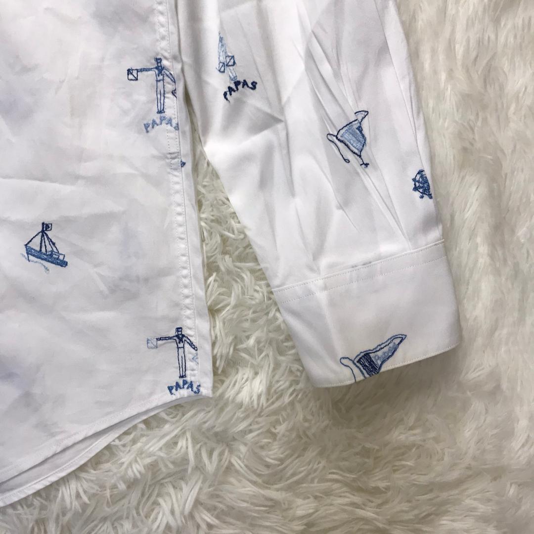 Papas ボタンダウンシャツ マリンモチーフ 刺繍 日本製 ホワイト M