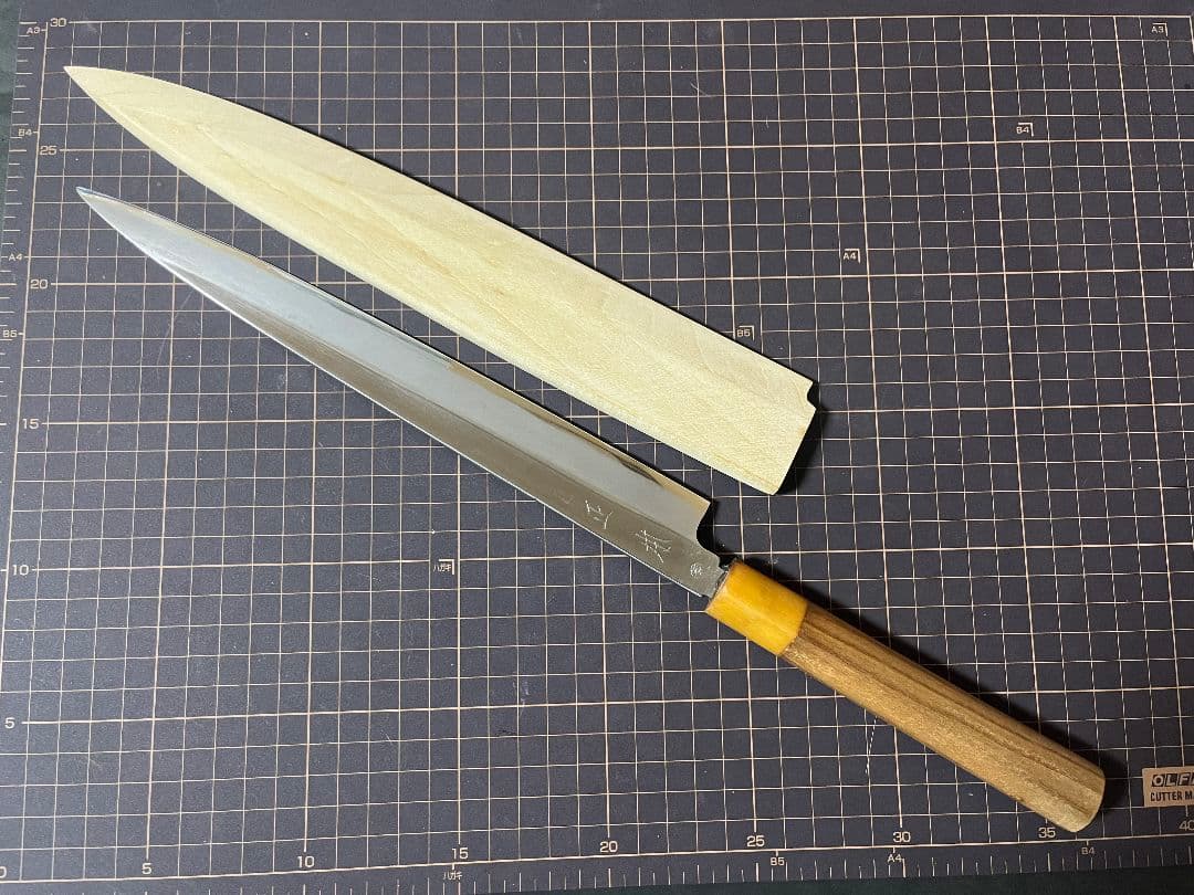 築地正本 柳刃包丁 白水牛 刃渡り27cm 白鋼ニ 鞘付き 正本 包丁 手研済み