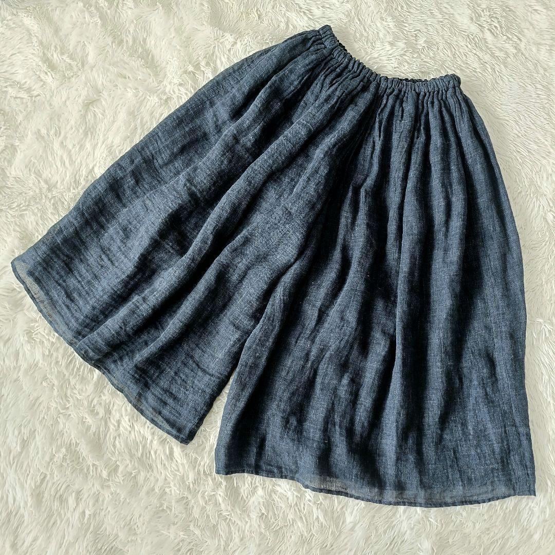 中川政七商店 麻のかや織 キュロットパンツ 紺色 フリー ゴムウエスト