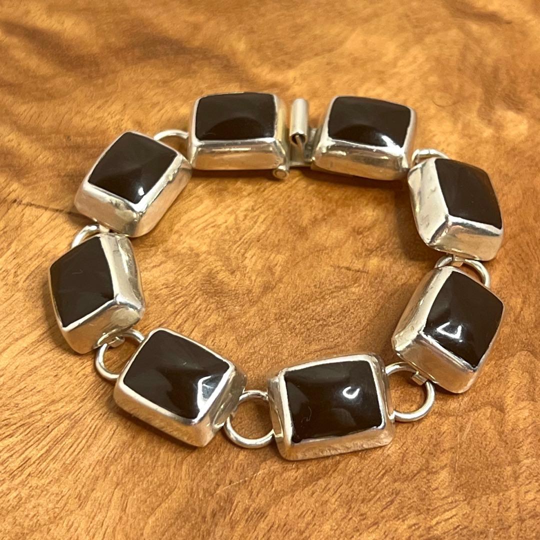 メキシコ ヴィンテージ シルバー オニキス ブロックリンク ブレスレット 925