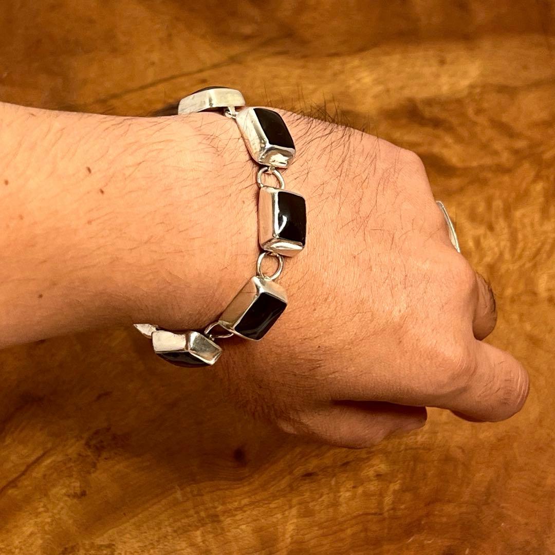 メキシコ ヴィンテージ シルバー オニキス ブロックリンク ブレスレット 925