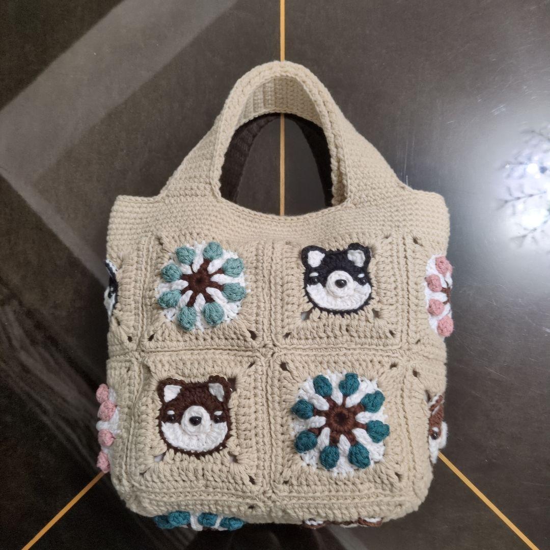 タンポポ　柴犬＆お花のモチーフ編みバッグ1073