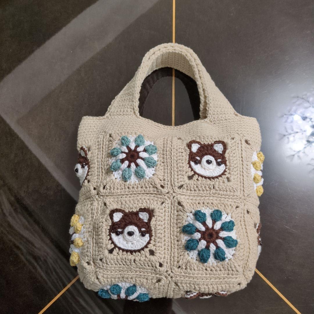 タンポポ　柴犬＆お花のモチーフ編みバッグ1073