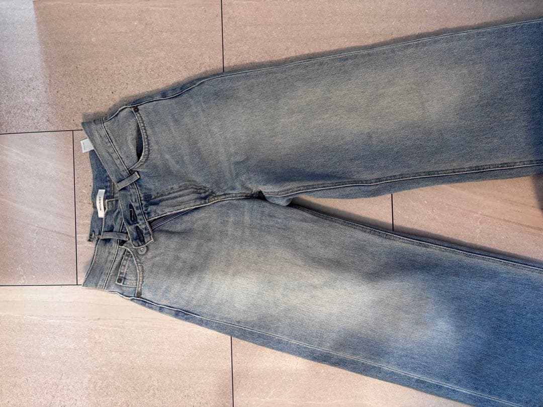 パンツ moussy CROSS WAIST WIDE STRAIGHT LBLUE