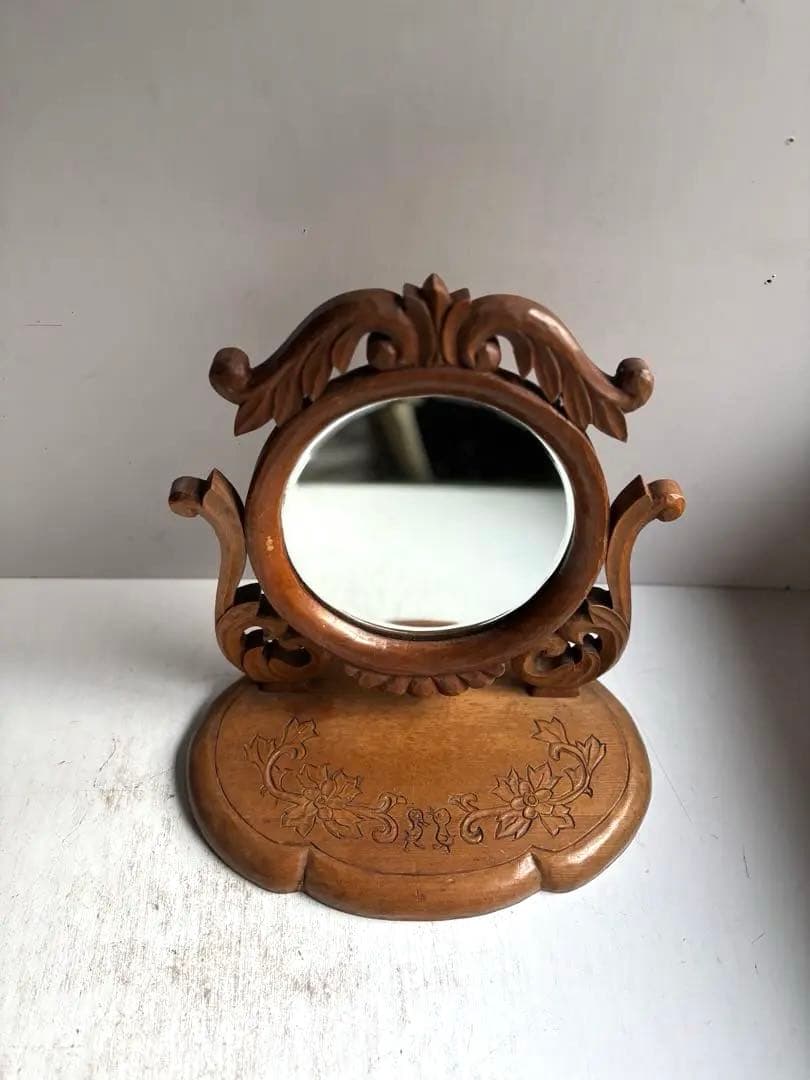 684 フランスアンティーク 木彫が美しい卓上鏡 鏡台 ミラー 蚤の市購入 パリ