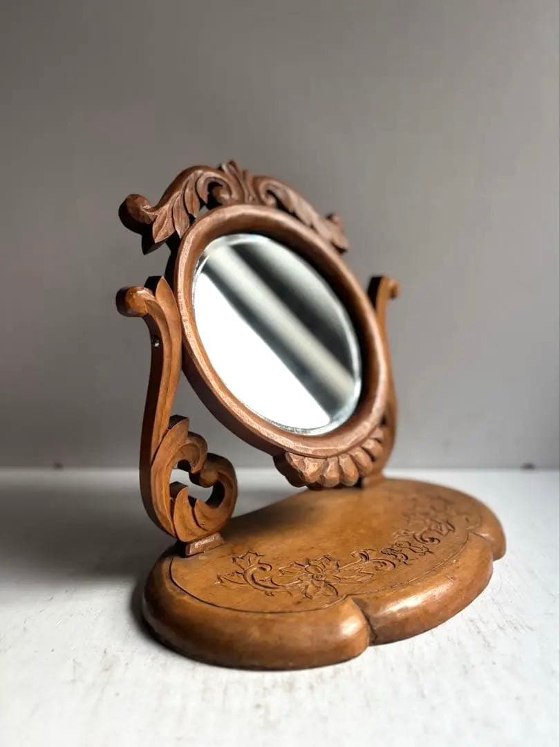 684 フランスアンティーク 木彫が美しい卓上鏡 鏡台 ミラー 蚤の市購入 パリ
