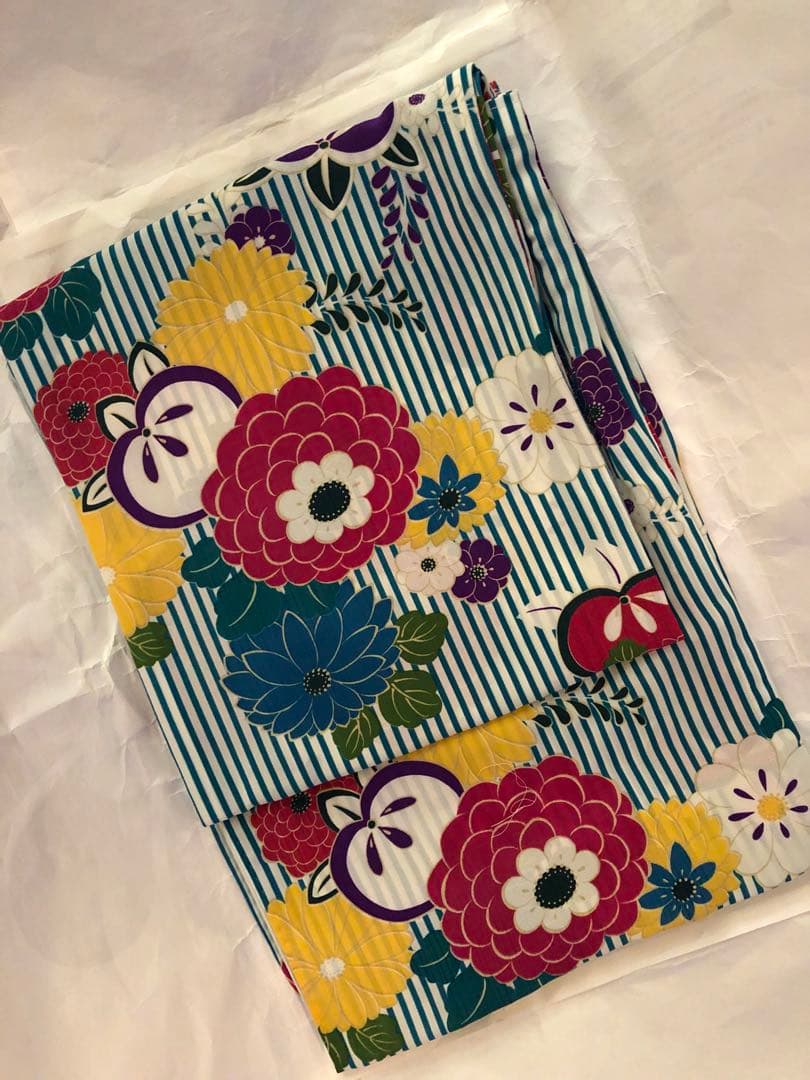 【ふりふ】浴衣　縞に万寿菊　ターコイズブルー