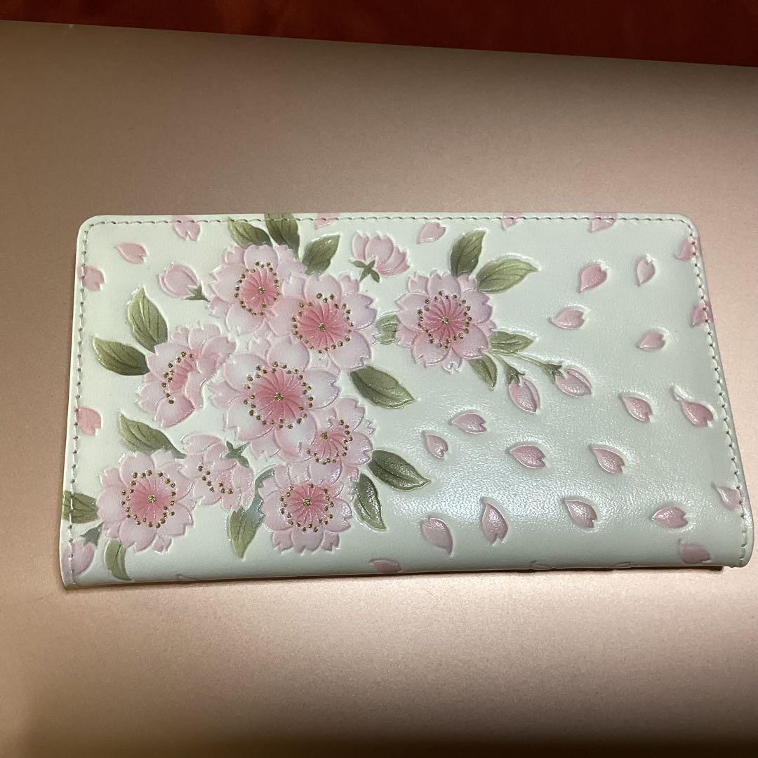 未使用　浅草文庫　スマホケース　八重桜　文庫革
