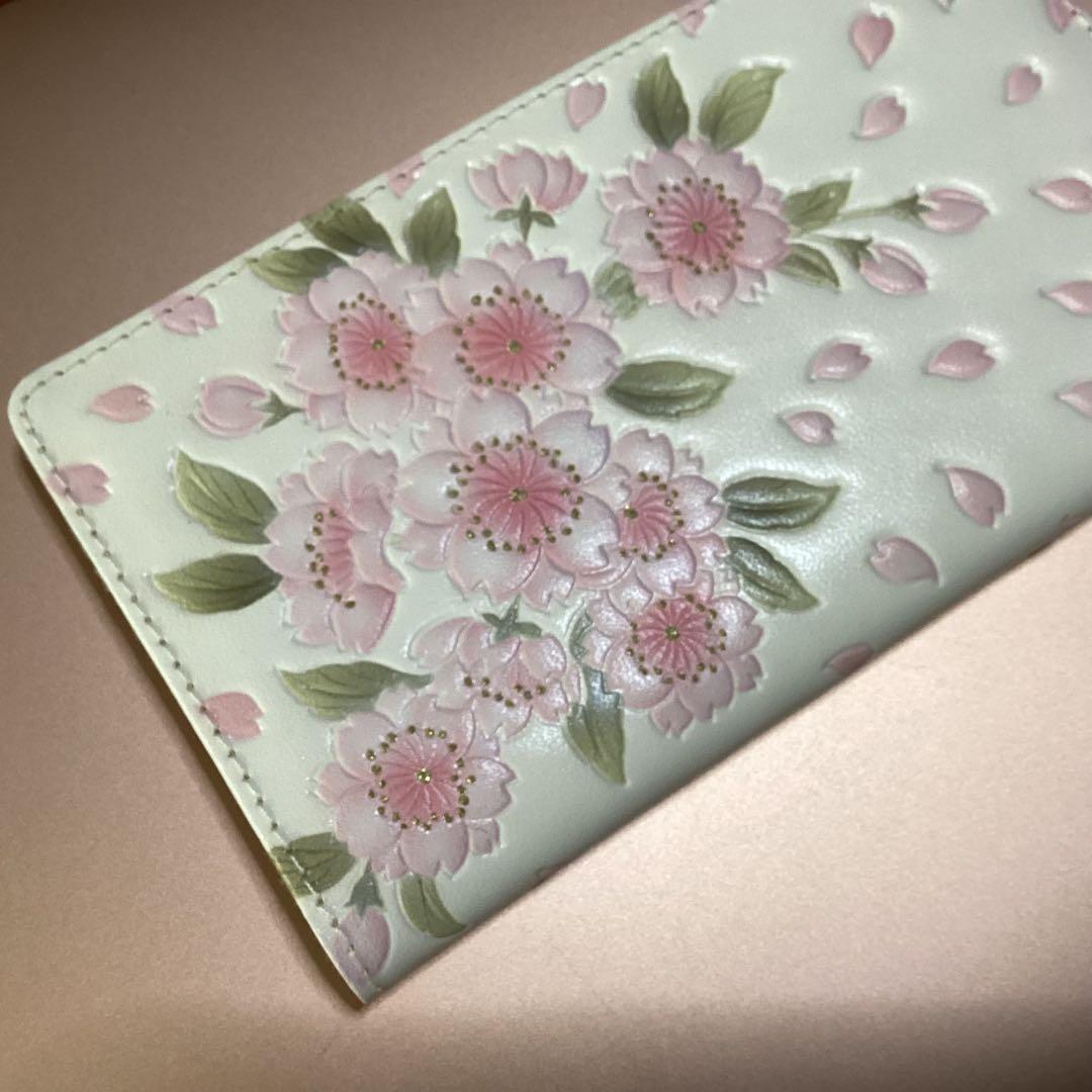 未使用　浅草文庫　スマホケース　八重桜　文庫革