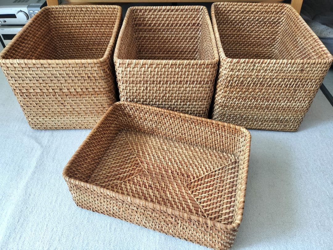無印 MUJI 重なるラタン長方形バスケット・大3個 小1個セット