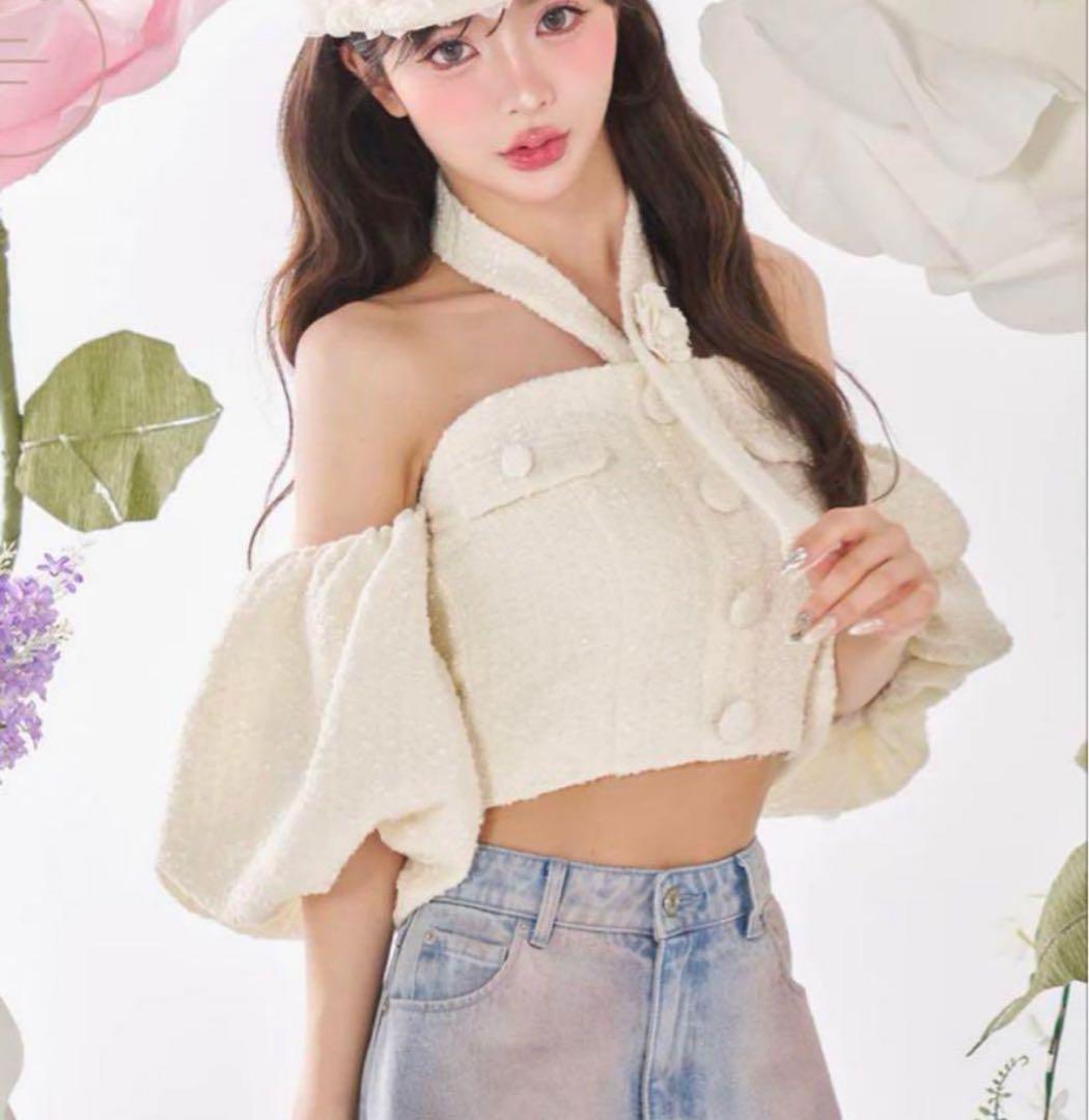 darich ホルターネックオフショルツイードトップス　ホワイト