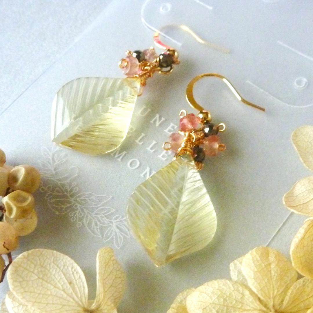 専用＊14kgf/天然石レモンクォーツリーフカービングのクリスマスピアス他１点