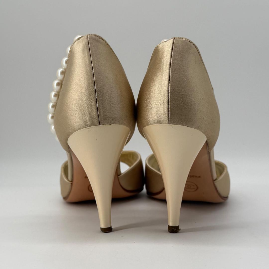 15360✨CHANEL サテンパンプス パールストラップ 36 ゴールド