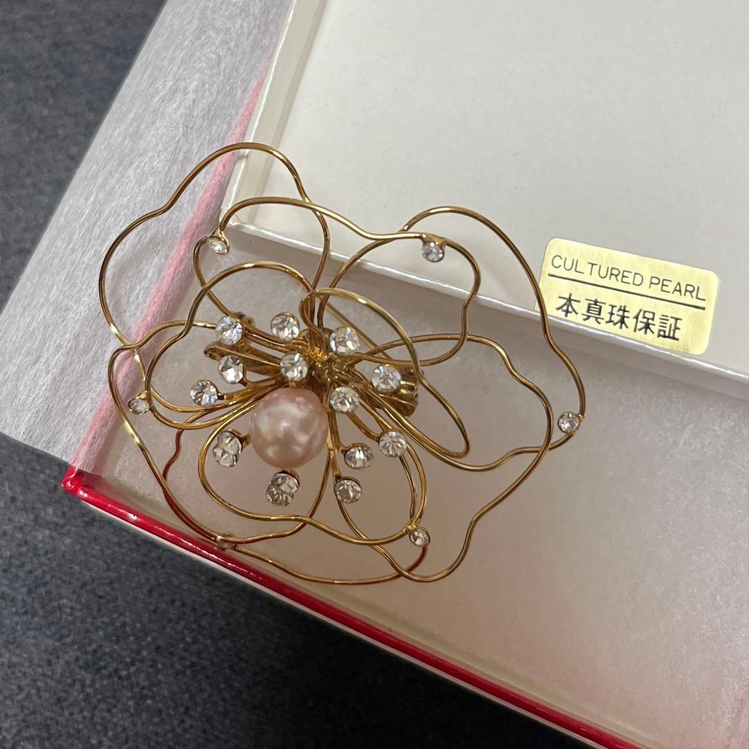 【本真珠保証】フラワーモチーフ ブローチ ゴールドCZ パールk10k18