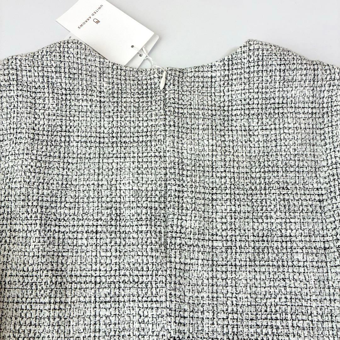 タグ付未使用 ミックスツイード バックペプラムブラウス Aラインホワイトブラック