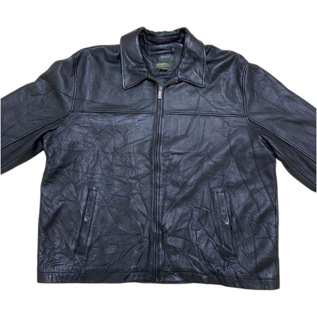 2XL✨Eddie Bauer 牛革 ロゴファスナー レザーライダースジャケット
