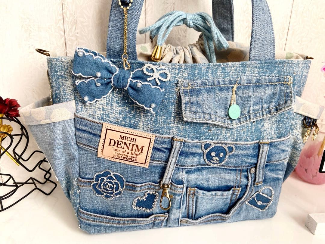 デニムリメイクバッグ　キラキラストーンデニム