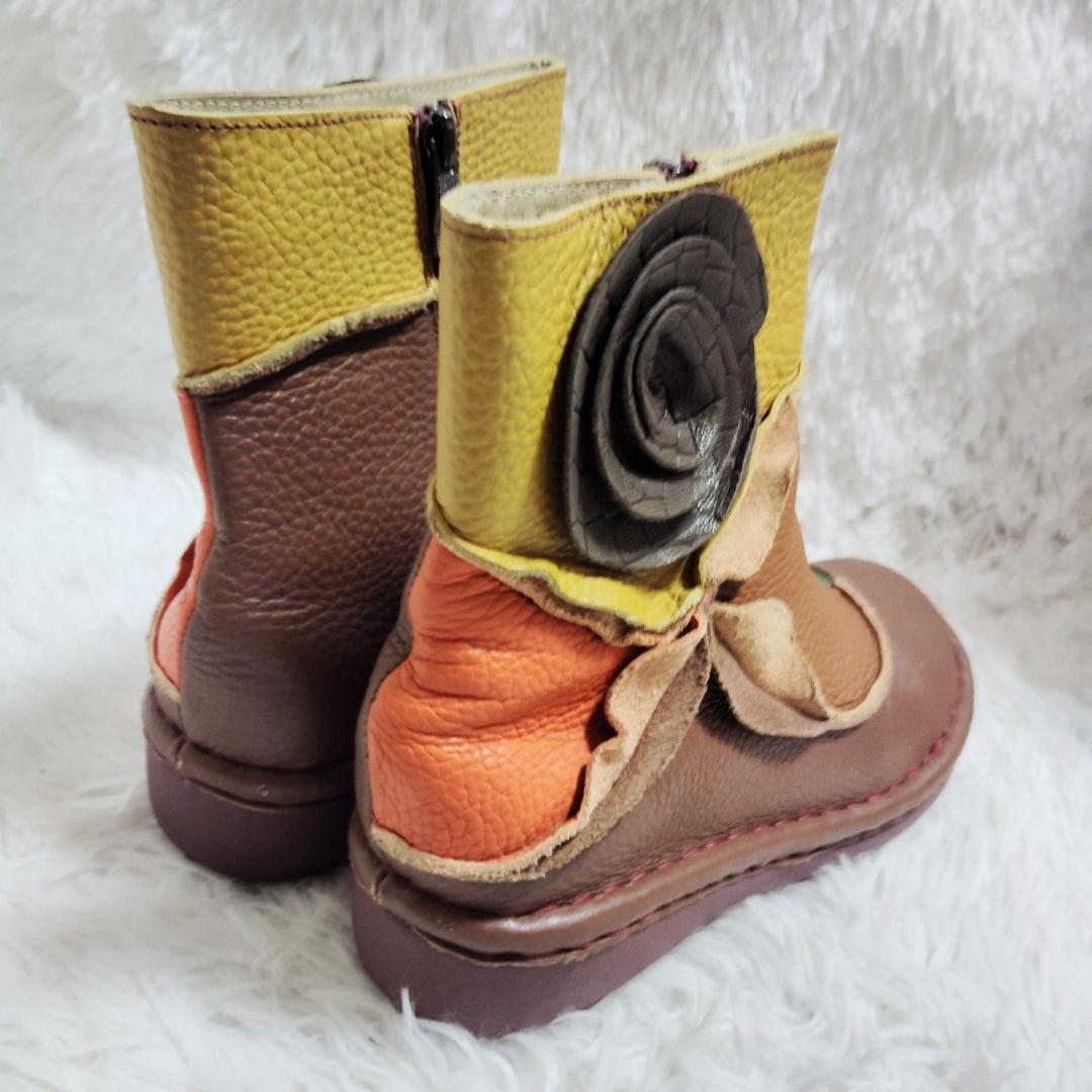 エスタシオン レザーサイドジップブーツ最終価格 L 24〜24.5 花モチーフ