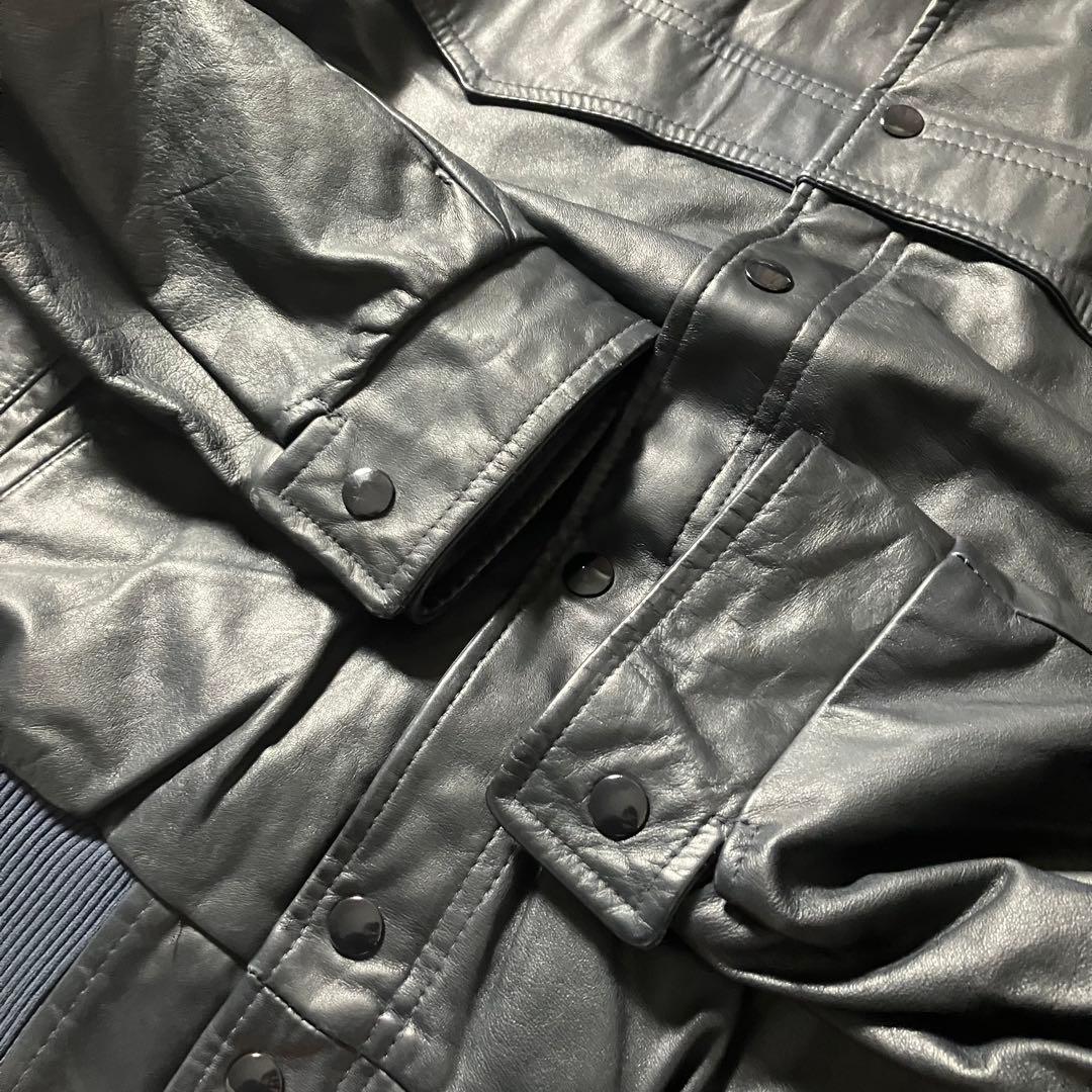 80sカナダ製短丈レザージャケット本革刺繍ボンバージャケット革ジャンブラック黒