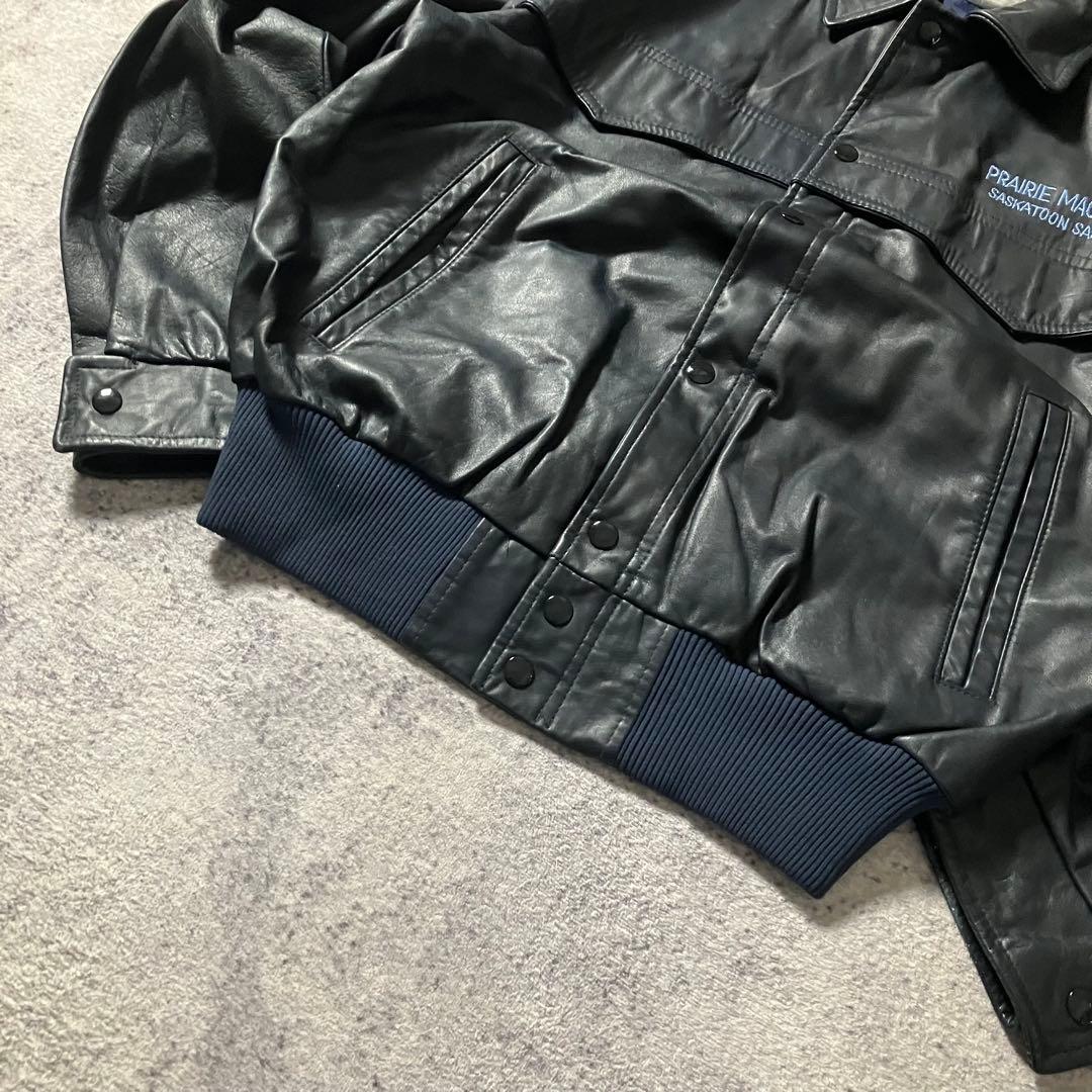 80sカナダ製短丈レザージャケット本革刺繍ボンバージャケット革ジャンブラック黒