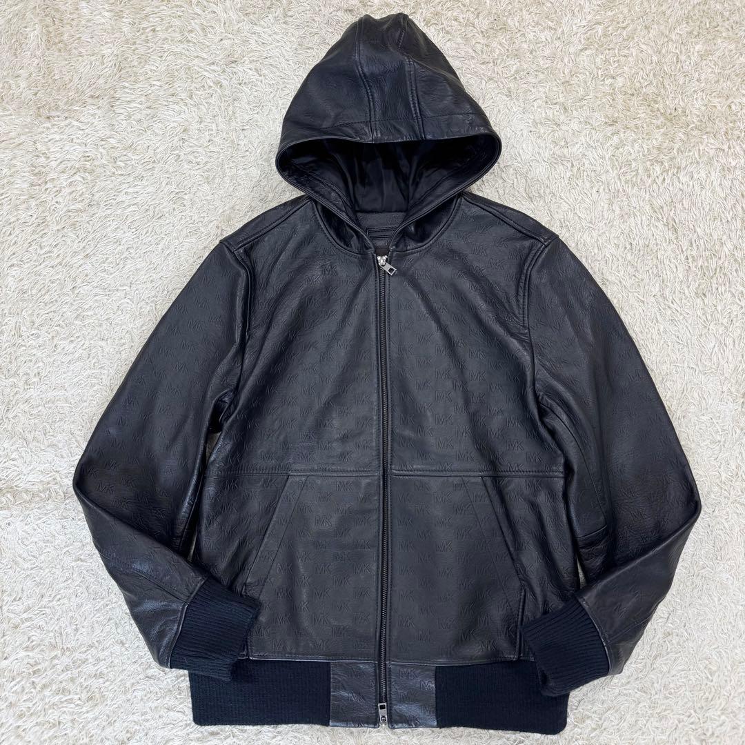 美品　マイケルコース　メンズ　レザー　パーカー　総柄　ブラック　フード　Mサイズ