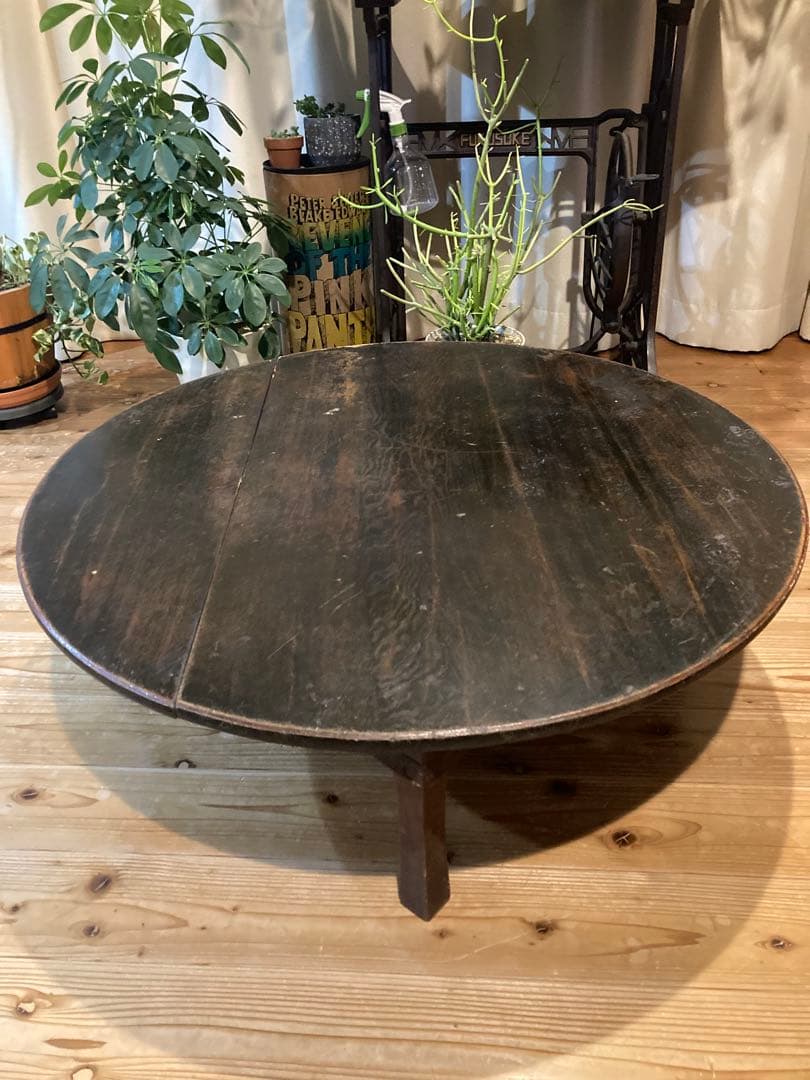 昭和レトロ　古い木製丸ローテーブル　折畳丸ちゃぶ台17直径900