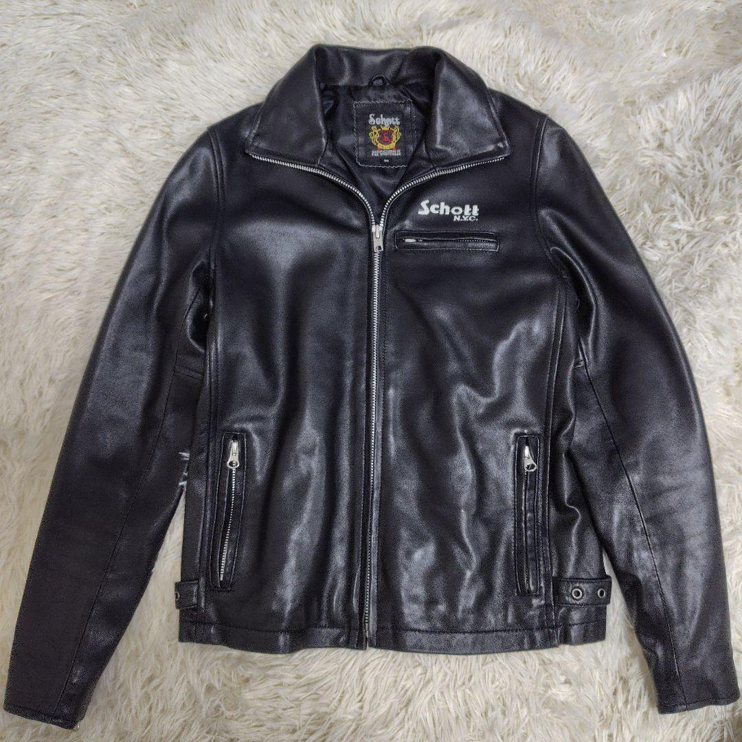希少✨Schott ラムレザージャケット ロゴ刺繍 黒 XS