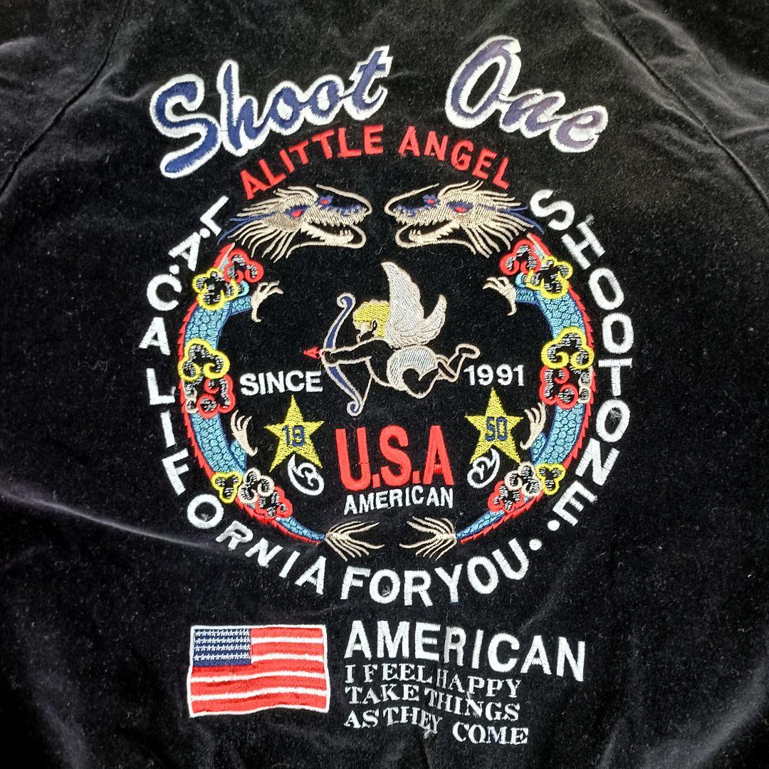 shoot one 希少デザイン スカジャン USA 別珍 ベロア 刺繍 L