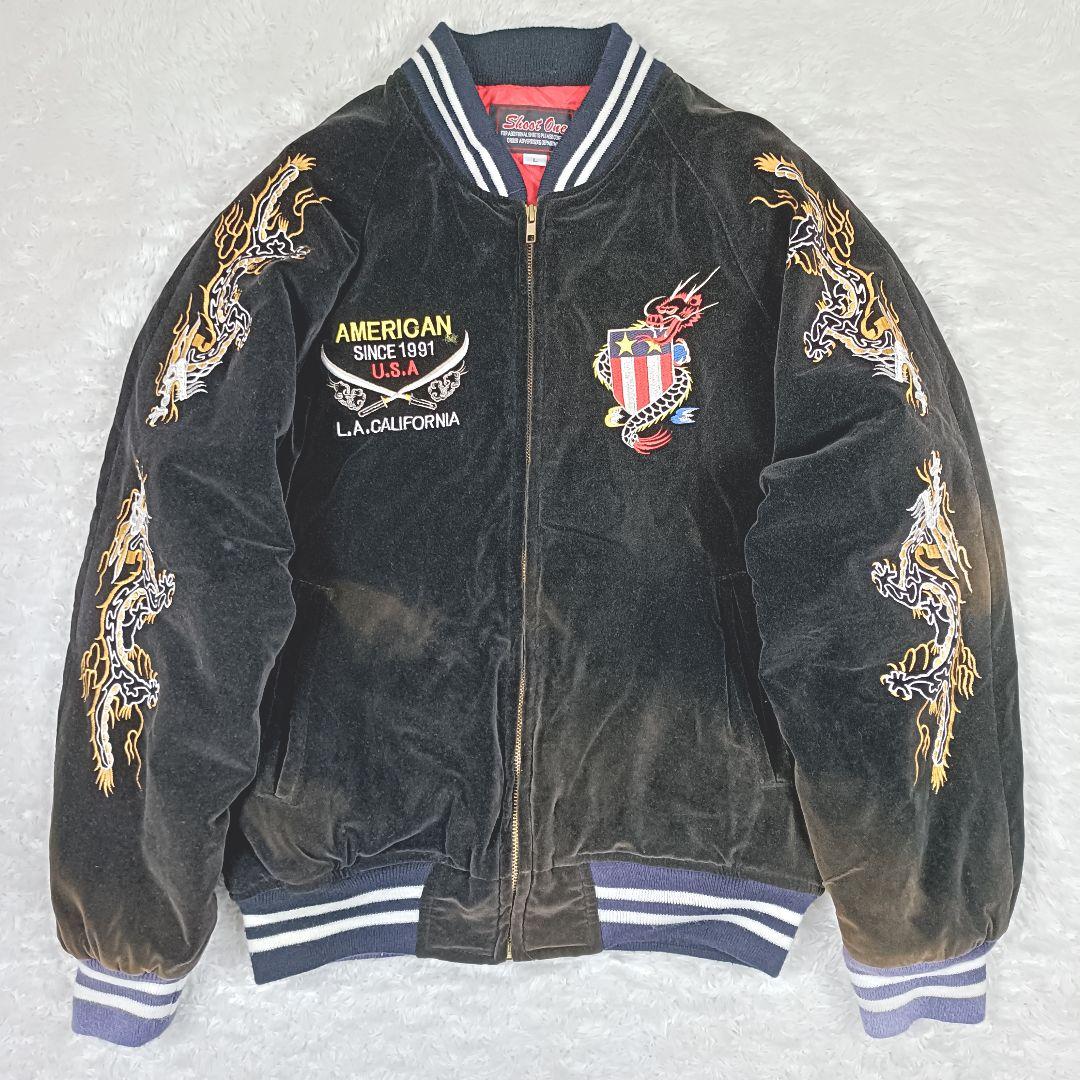 shoot one 希少デザイン スカジャン USA 別珍 ベロア 刺繍 L